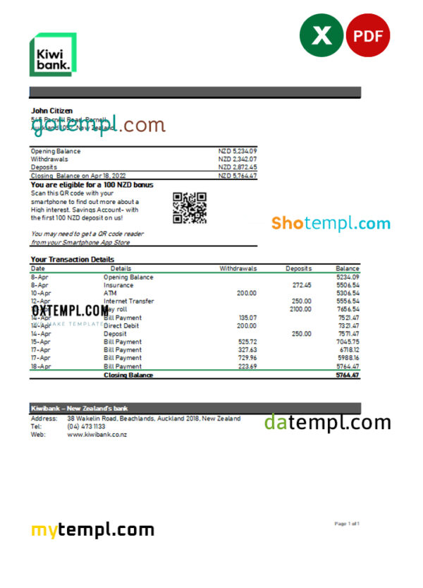 editable template, New Zealand Kiwibank bank statement Excel and PDF template