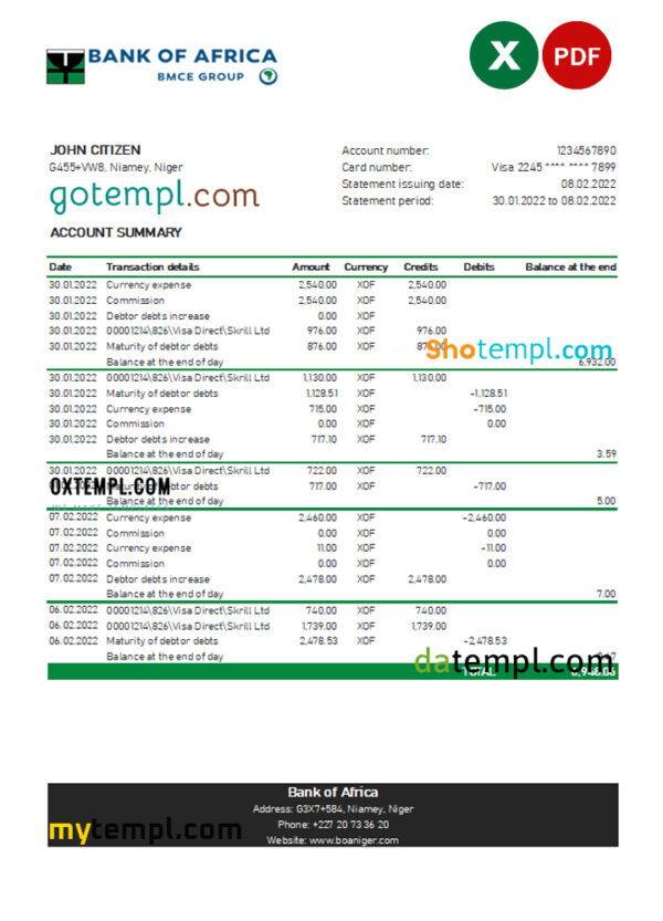 editable template, Niger Bank of Africa bank statement Excel and PDF template