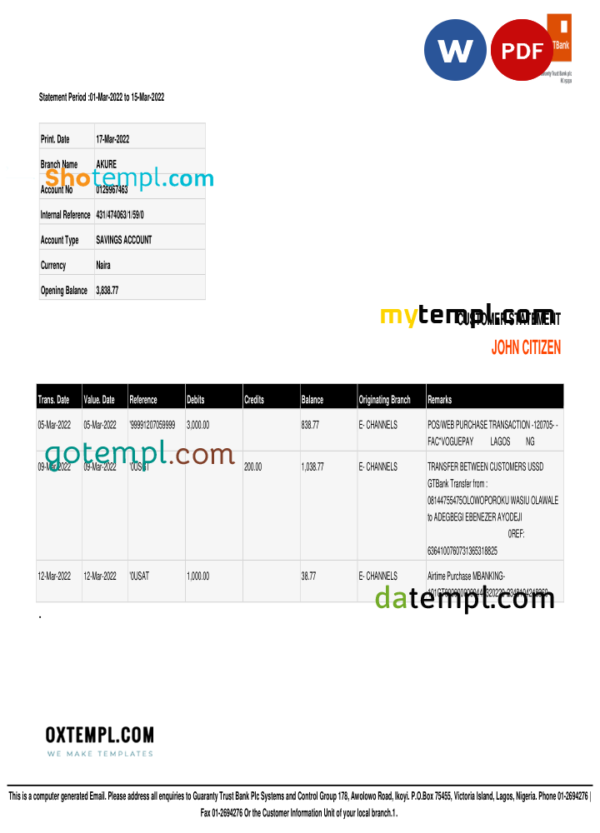editable template, Nigeria Guaranty Trust Bank (GTBank) savings account statement Word and PDF template