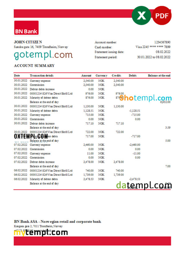 editable template, Norway BN Bank statement Excel and PDF template