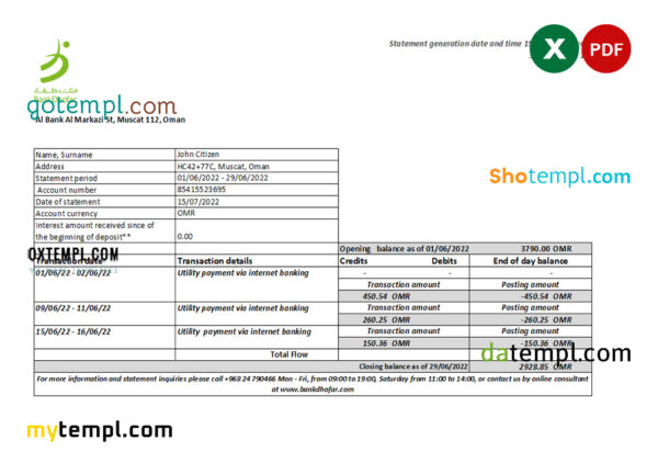 editable template, Oman Bank Dhofar bank statement Excel and PDF template