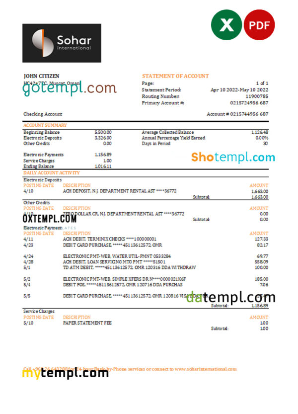 editable template, Oman Sohar International bank statement Excel and PDF template
