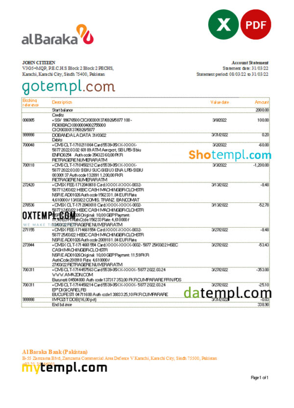 editable template, Pakistan Al Baraka bank statement Excel and PDF template