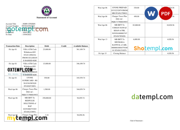 editable template, Pakistan Meezan bank statement Word and PDF template, 2 pages