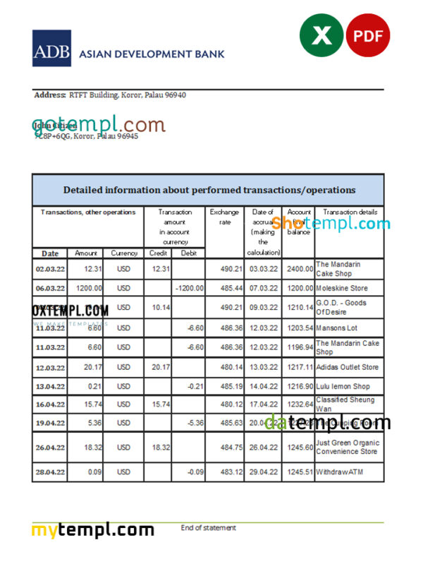 editable template, Palau ADB bank statement Excel and PDF template