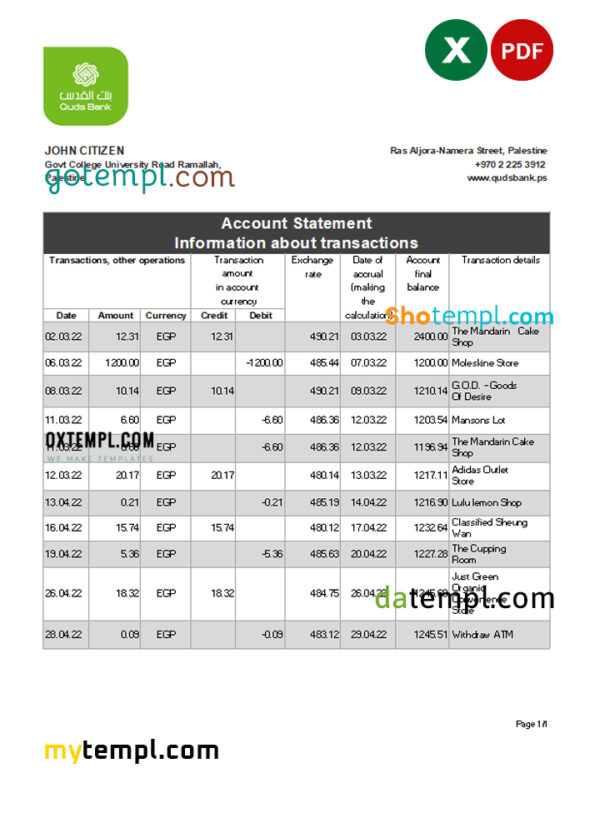 editable template, Palestine Quds bank statement Excel and PDF template
