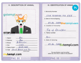 FREE editable template, Papua New Guinea dog (animal, pet) passport PSD template, fully editable
