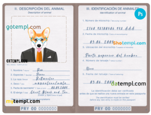 Paraguay dog (animal, pet) passport PSD template, fully editable