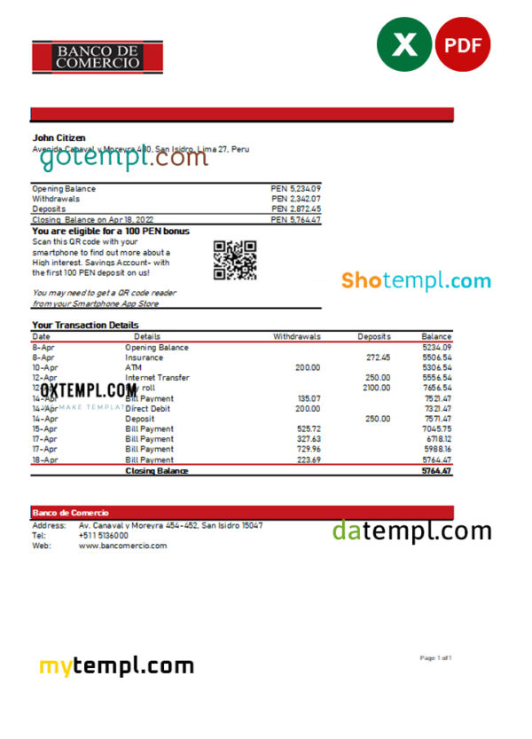 editable template, Peru Banco de Comercio bank statement Excel and PDF template