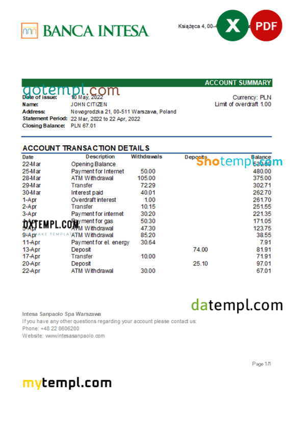 editable template, Poland Banca Intesa bank statement Excel and PDF template