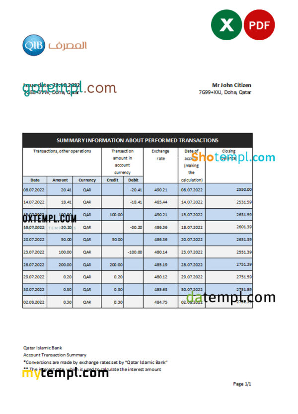 editable template, Qatar Islamic bank statement, Excel and PDF template