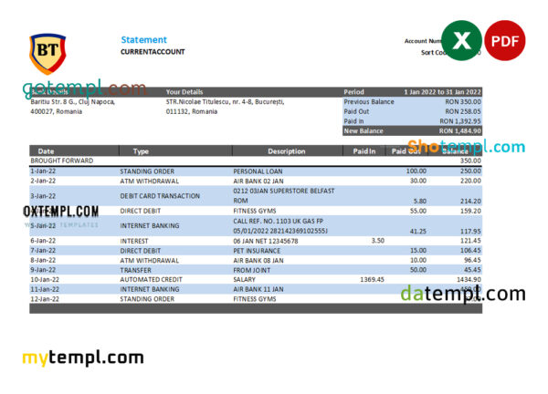 editable template, Romania Banca Transilvania bank statement, Excel and PDF template