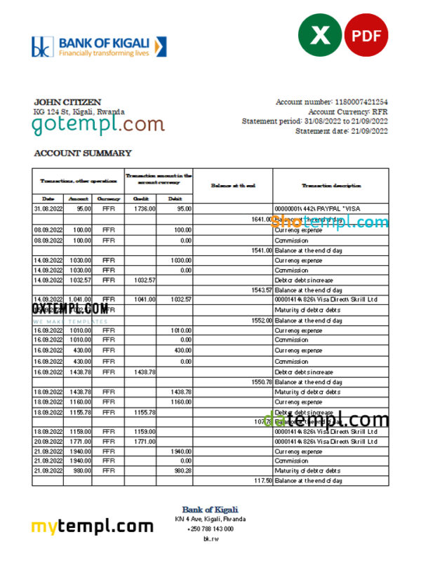 editable template, Rwanda Bank of Kigali bank statement, Excel and PDF template