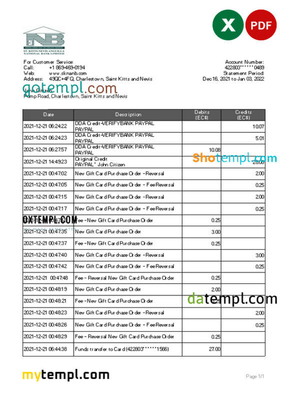 editable template, Saint Kitts and Nevis SKNA bank statement, Excel and PDF template