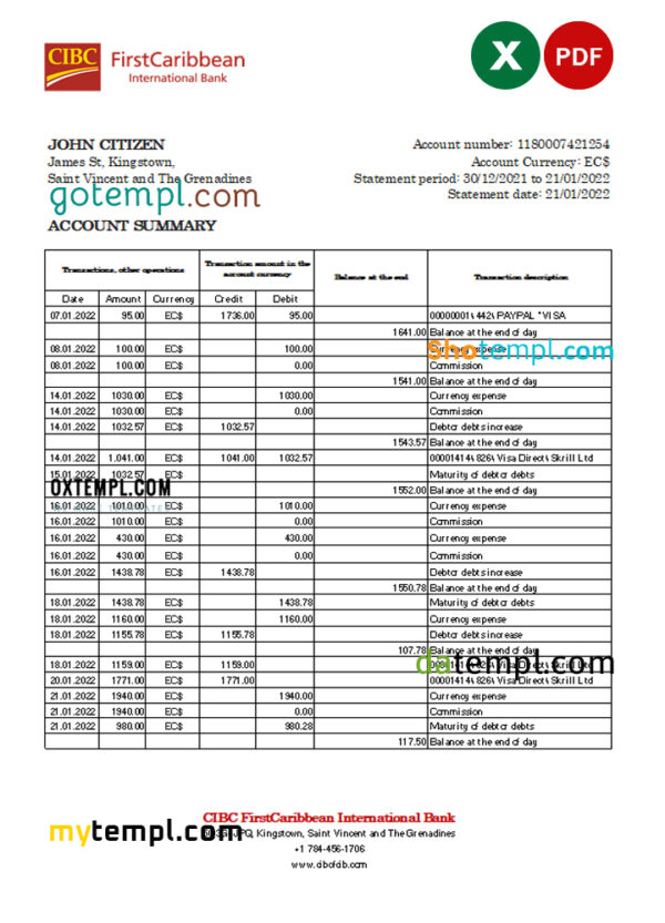 editable template, Saint Vincent and The Grenadines First Caribbean International bank statement, Excel and PDF template, version 2