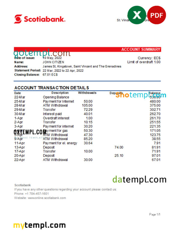 editable template, Saint Vincent and The Grenadines Scotiabank bank statement, Excel and PDF template