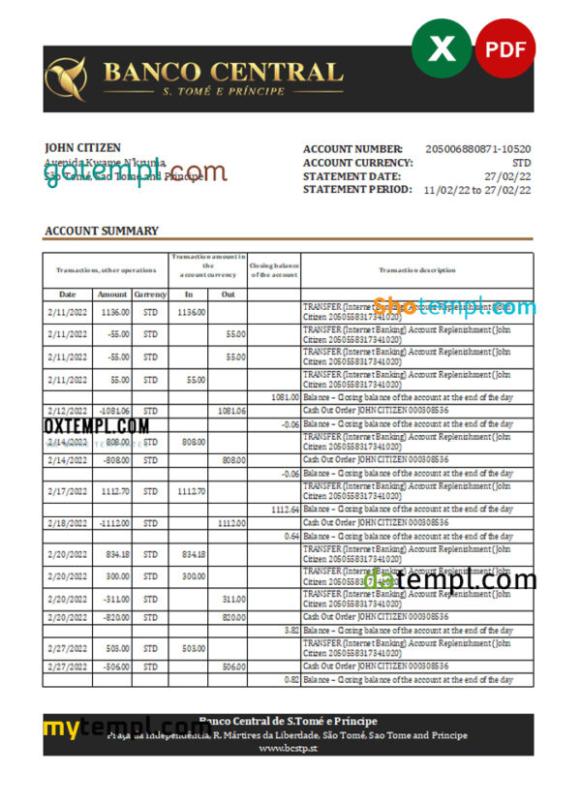 editable template, Sao Tome and Principe Banco Central de S.Tome e Principe bank statement, Excel and PDF template