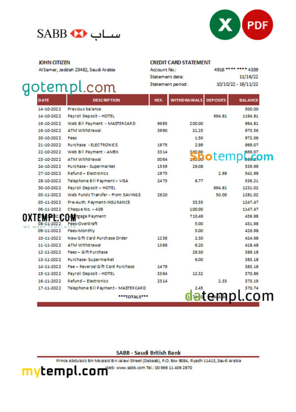editable template, Saudi Arabia SABB bank statement, Excel and PDF template