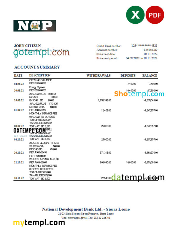 editable template, Sierra Leone National Development bank statement, Excel and PDF template