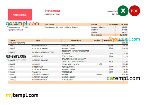 editable template, Slovenia Addiko bank statement, Excel and PDF template