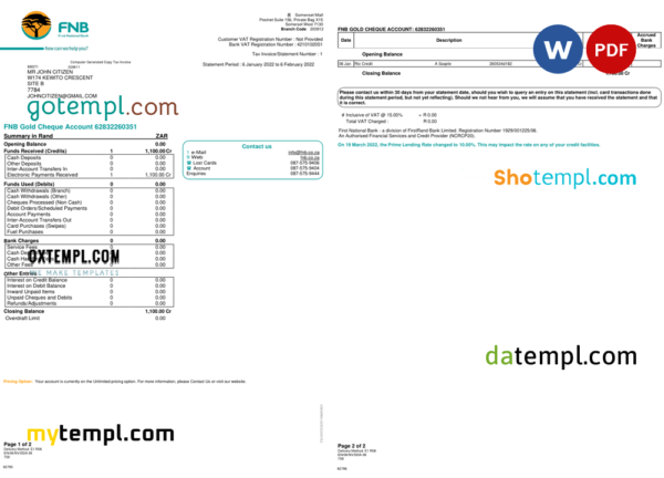 editable template, South Africa First National Bank (FNB) bank statement, Word and PDF template, 2 pages