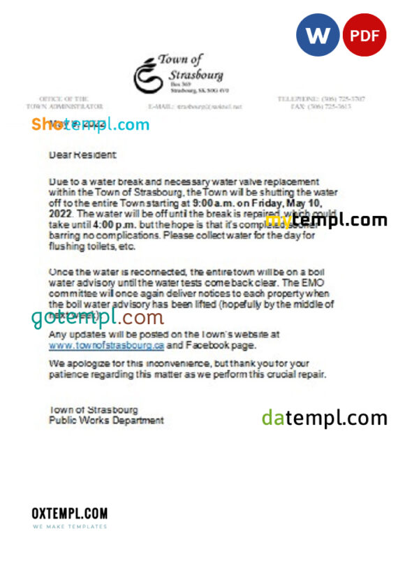 editable template, Canada Saskatchewan Town of Strasbourg water utility shut off notice, Word and PDF template