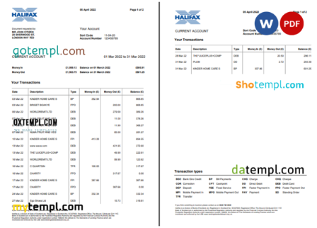 editable template, United Kingdom Halifax bank statement Word and PDF template, 2 pages, version 2