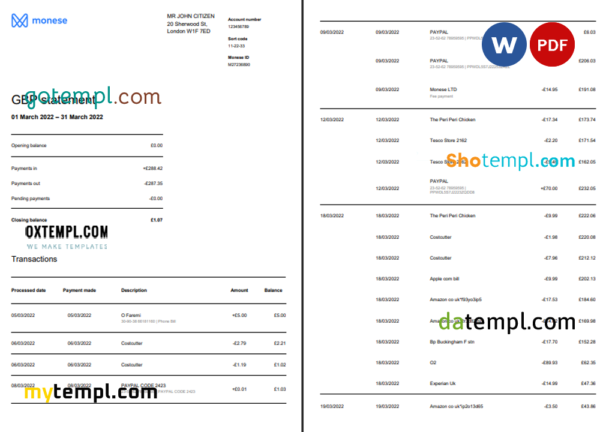 editable template, United Kingdom Monese bank statement Word and PDF template, 3 pages