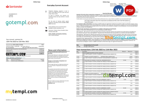 editable template, United Kingdom Santander bank statement Word and PDF template, 3 pages