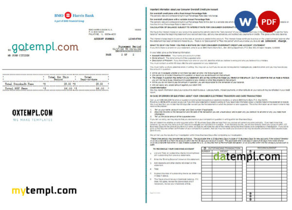 editable template, USA BMO Harris bank statement Word and PDF template, 3 pages