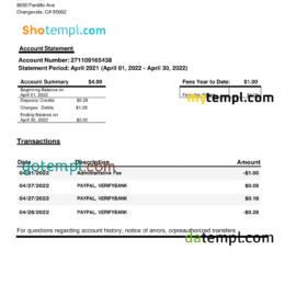 editable template, USA California MoneyLion bank statement, Word and PDF template