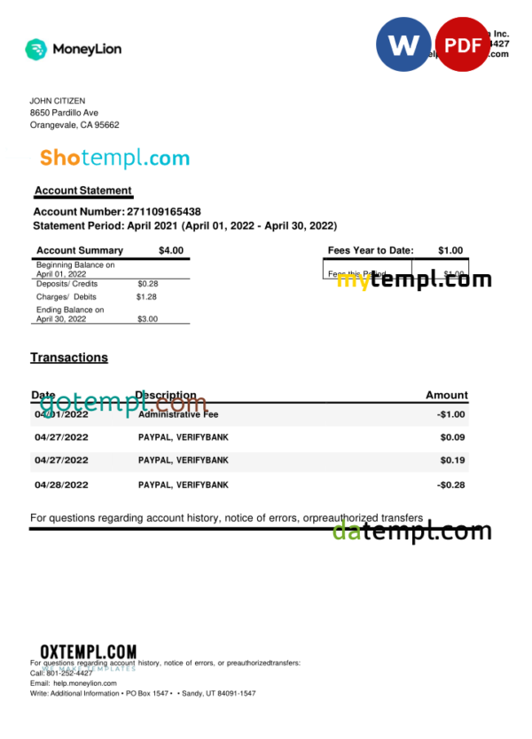 editable template, USA California MoneyLion bank statement, Word and PDF template