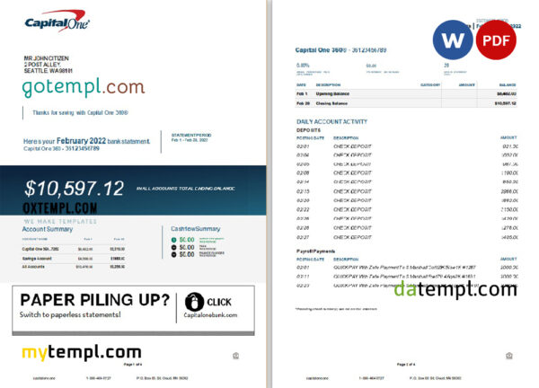 editable template, USA Capital One bank statement Word and PDF template, 4 pages