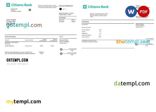editable template, USA Citizens bank statement Word and PDF template, 2 pages