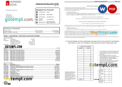editable template, USA Howard bank statement Word and PDF template, 4 pages