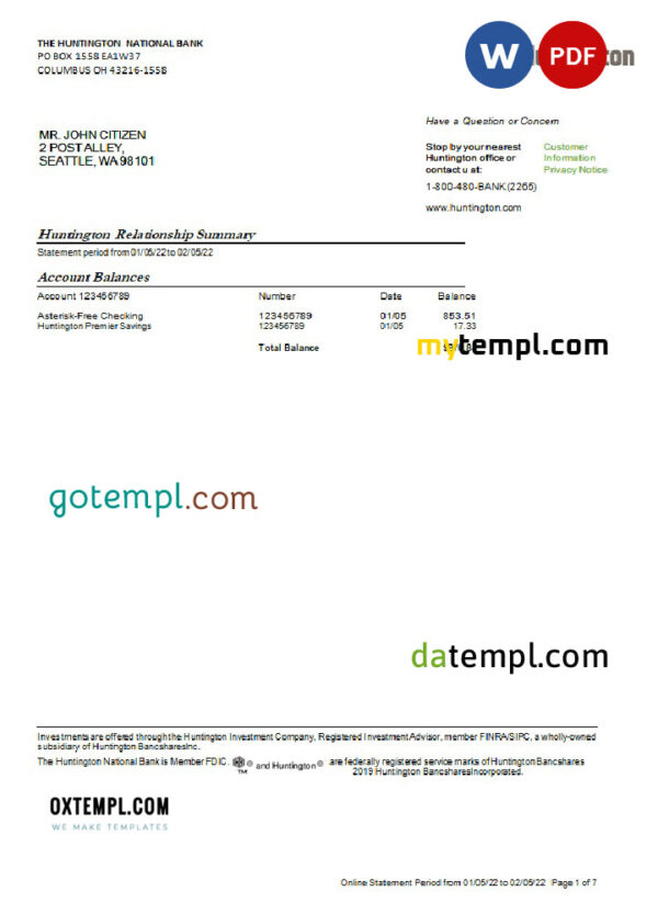 editable template, USA Ohio Huntington bank statement Word and PDF template, 7 pages