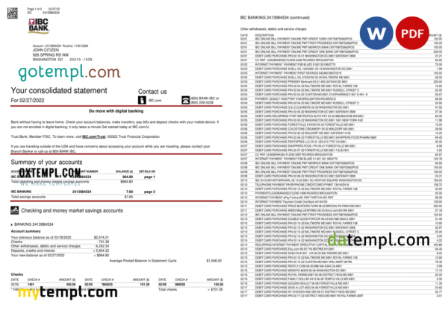 editable template, USA Texas IBC bank statement Word and PDF template, 5 pages