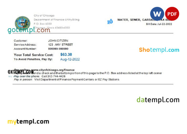 editable template, USA Illinois Chicago water, sewer, garbage, tax bill Word and PDF template