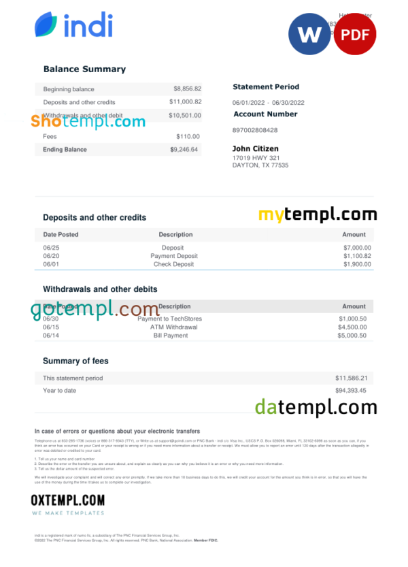 editable template, USA indi bank statement, Word and PDF template