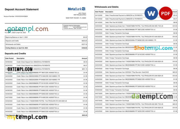editable template, USA Metabank deposit account statement, Word and PDF template, 3 pages