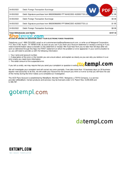 editable template, USA Metabank deposit account statement, Word and PDF template, 3 pages