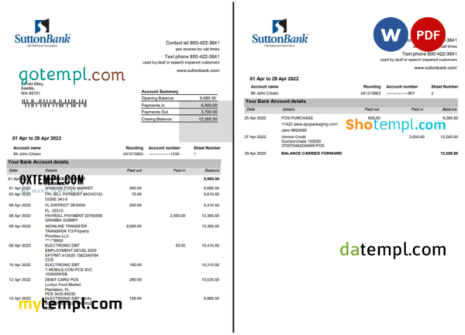 editable template, USA Sutton bank statement Word and PDF template, 2 pages