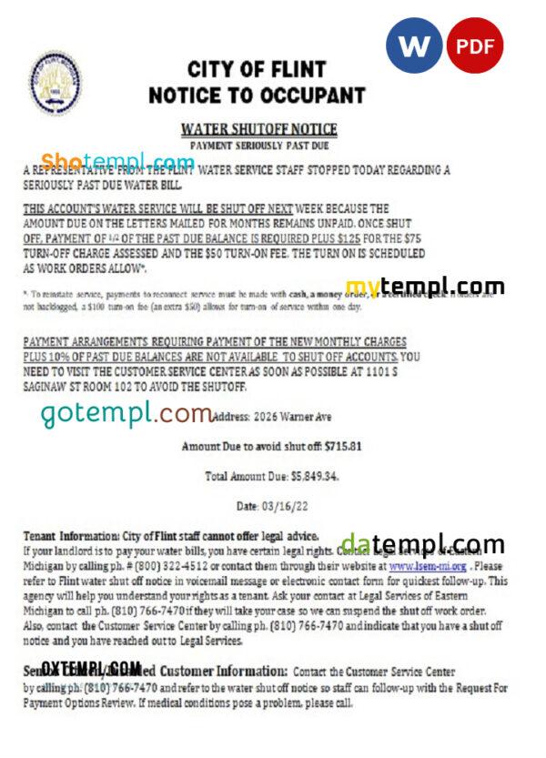editable template, USA City of Flint Michigan Notice to occupant water utility bill shutoff notice, Word and PDF template
