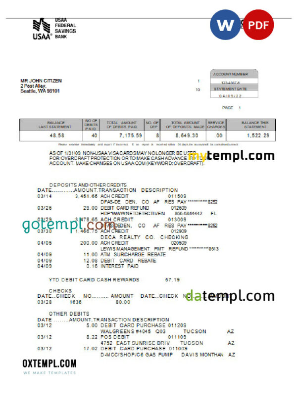 editable template, USA USAA bank statement Word and PDF template, 5 pages