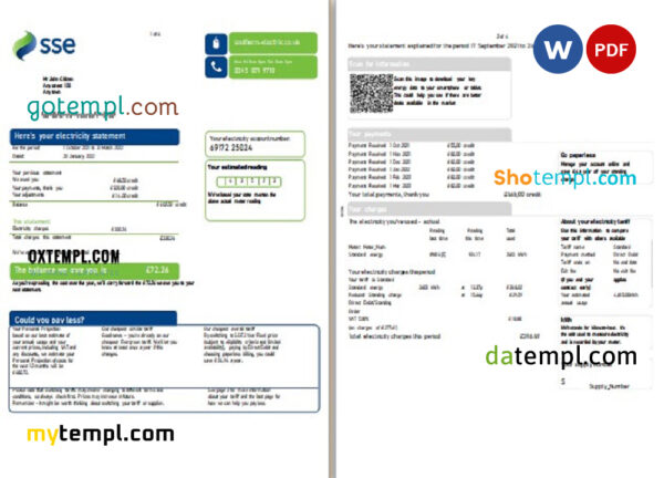 editable template, United Kingdom SSE Energy utility bill, Word and PDF template, 4 pages