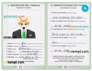 Uruguay dog (animal, pet) passport PSD template, completely editable