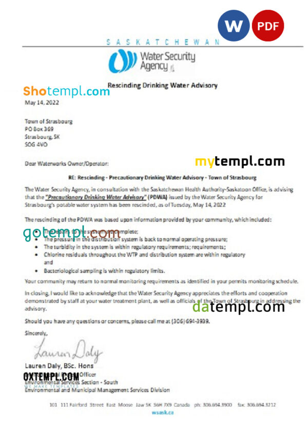 editable template, Canada Saskatchewan Strasbourg Water Security Agency water utility shut off notice, Word and PDF template