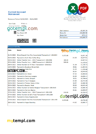 editable template, United Kingdom TSB bank statement, Excel and PDF template