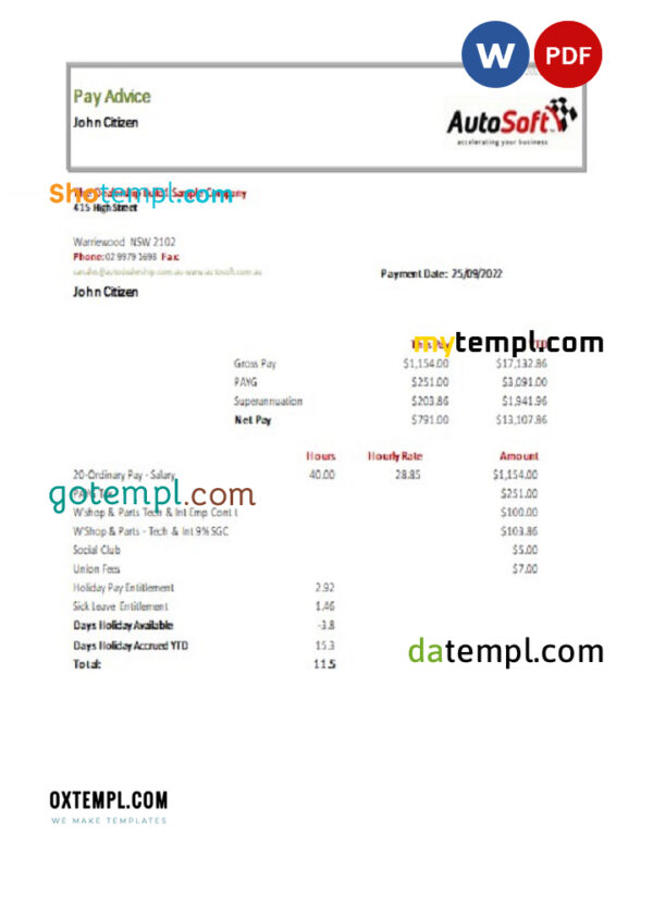 editable template, Australia NSW AutoSoft payslip Word and PDF template