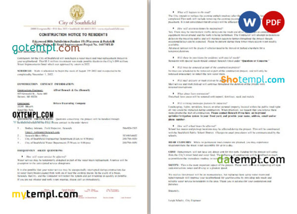 editable template, USA Michigan City of Southfield utility water and construction shut off notice, Word and PDF template, 3 pages